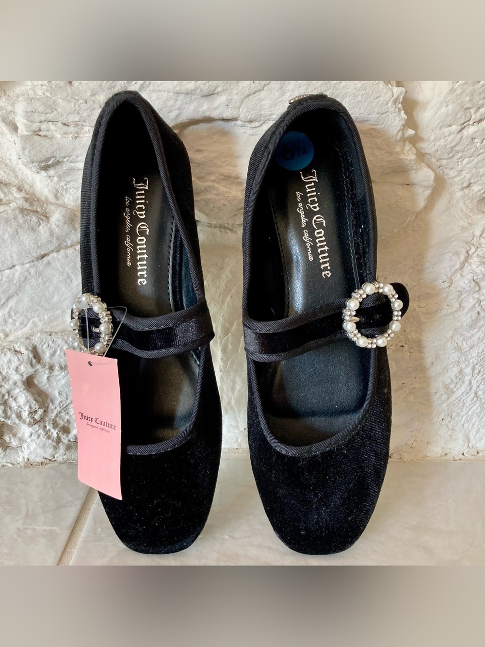 NWT Juicy Couture Black Velvet Mary Jane Flats with Pearl-Embellished Buckle